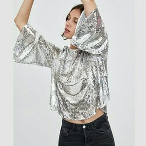 Zara Trafaluc Silver Sequin Top
